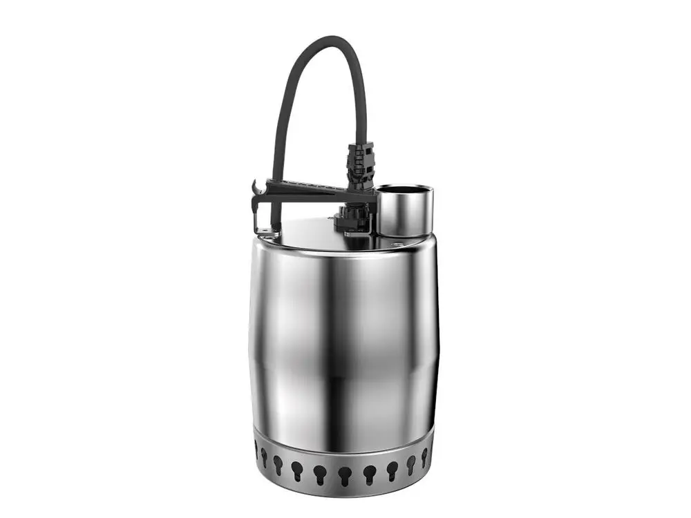 Tauchmotorpumpe aus Edelstahl mit einem Schlauch und einem Befestigungsständer, geeignet für die Entwässerung, hergestellt von Grundfos.
